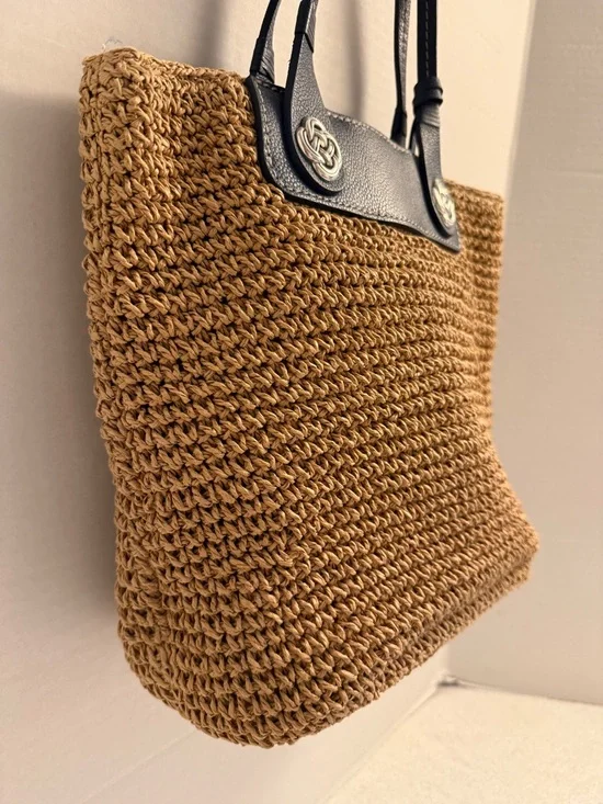 Brighton Lena Straw Tote Blue Leather Trim | Interlok Knot Charm Coastal Chic - Picture 4 of 10